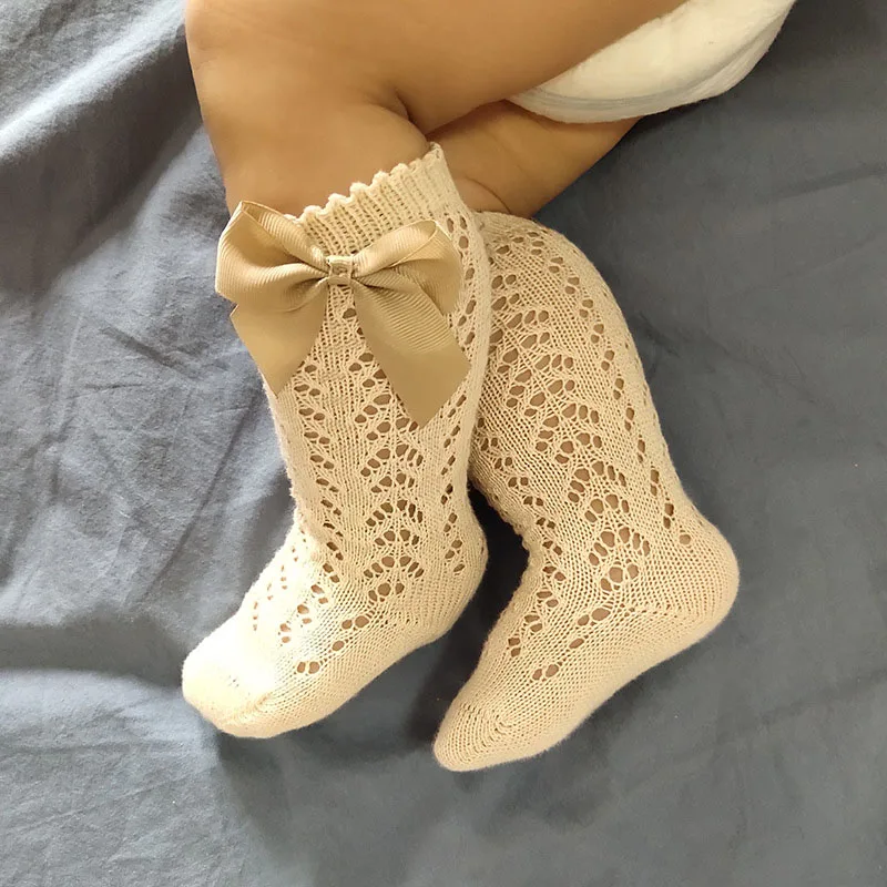 Calcetines para bebés y niñas, calcetines transpirables de malla de algodón con lazo de estilo español para recién nacidos de 0 a 5 años
