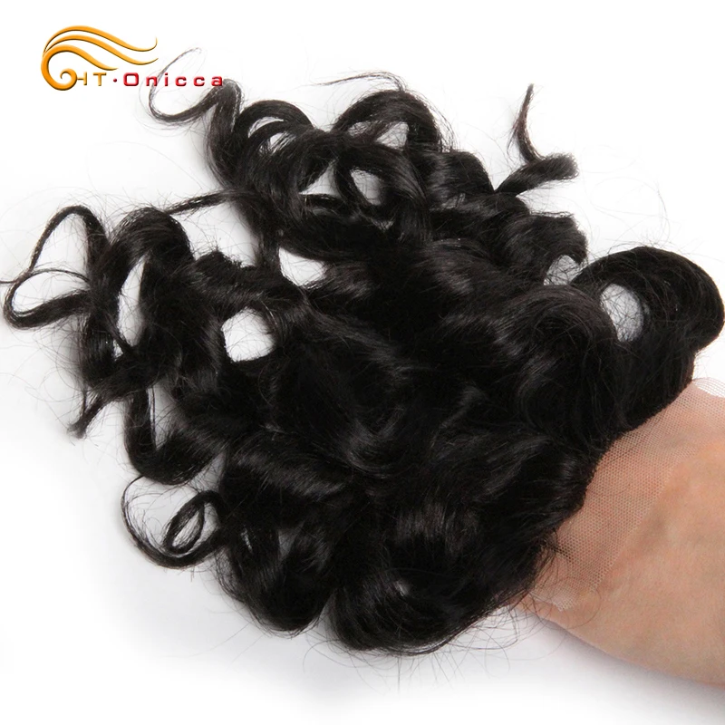 Pacotes encaracolados do cabelo humano com fechamento, T parte fechamento do laço, cabelo brasileiro curto, cor natural