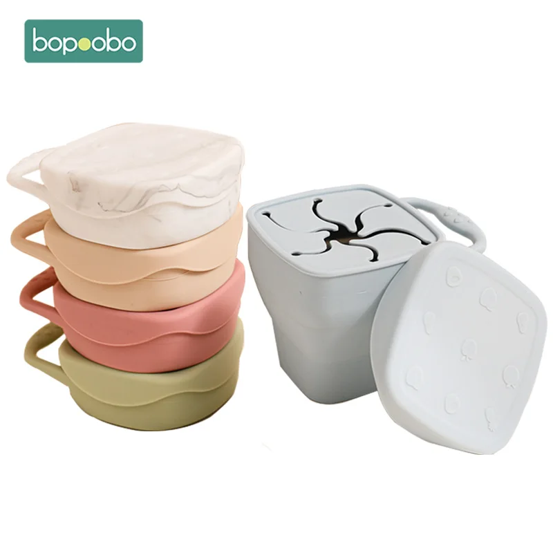 Copos de lanche de silicone para bebês, copos para crianças, à prova de derramamento, dobrável, portátil, lanche de silicone com tampas, tanque de armazenamento de alimentos para bebês