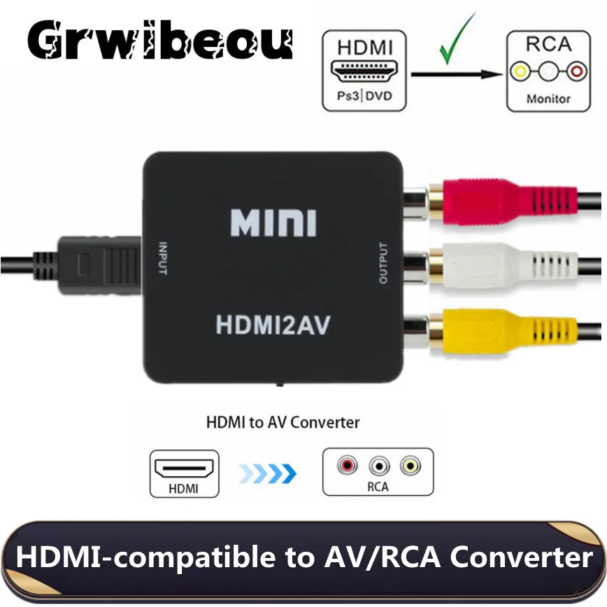 Grwibeou 1080P compatible con HDMI a RCA convertidor AV/CVSB L/R Video Box HD 1920*1080 HDMI2AV compatible con salida NTSC PAL HDMI a AV