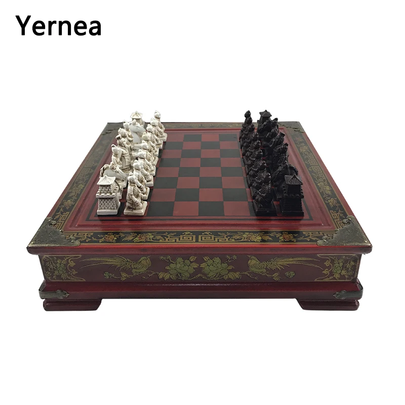Vintage Collection Schach 26*26cm (10,24 Zoll) Terrakotta Krieger Schach Holzschnitzerei Harz Schachmann Weihnachten Geburtstag Premium