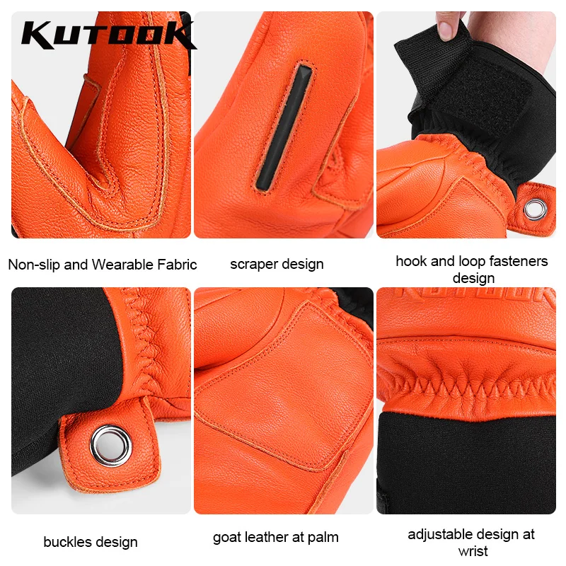 KUTOOK 冬スキー手袋防水ヤギ皮レザースノーボードスノーモービル手袋暖かい雪スキーミトン防風調節可能な