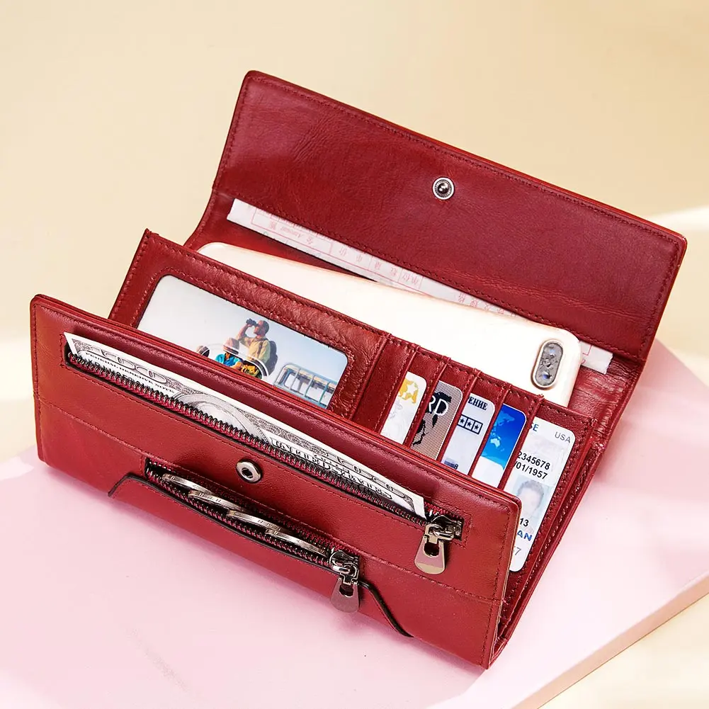 HUMERPAUL, Cartera de cuero genuino a la moda para mujer, tarjetero triple con bloqueo RFID, bolsos de mano largos de lujo para teléfono para mujer