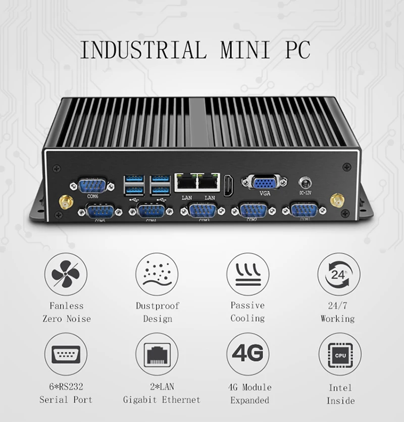 Industrieller Mini-PC, lüfterlos, Dual-LAN, 6 x COM-RS232, unterstützt 1 x RS485, Intel i7-5500U, Celeron J1900, SIM-Steckplatz, Mini-PCIe, Windows Linux