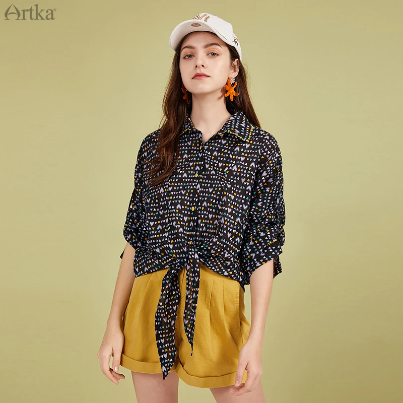 ARTKA 여성용 빈티지 프린트 블라우스, 화이트 쉬폰 셔츠, 캐주얼 루즈 레이스업 긴팔 셔츠, 2020 봄 여름 신상, SA20609C