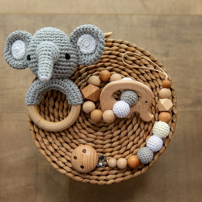 1 ชุดเด็ก Rattle ไม้โครเชต์ช้างระฆังเพลง Teething สร้อยข้อมือ Pacifier Dummy คลิปยิมเล่นหนูเด็กผลิตภัณฑ์ของเล่น
