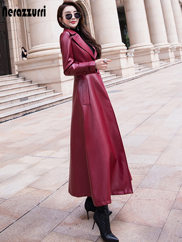 Nerazzurri Maxi fit und flare leder graben mantel für frauen 2021 frühling Lange luxus designer kleidung frauen langarm revers