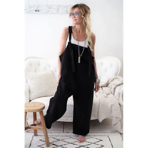 Nuevo Mono informal holgado con tirantes de pierna ancha para mujer, pelele con bolsillos lisos de lino y algodón, monos para mujer, monos de talla grande