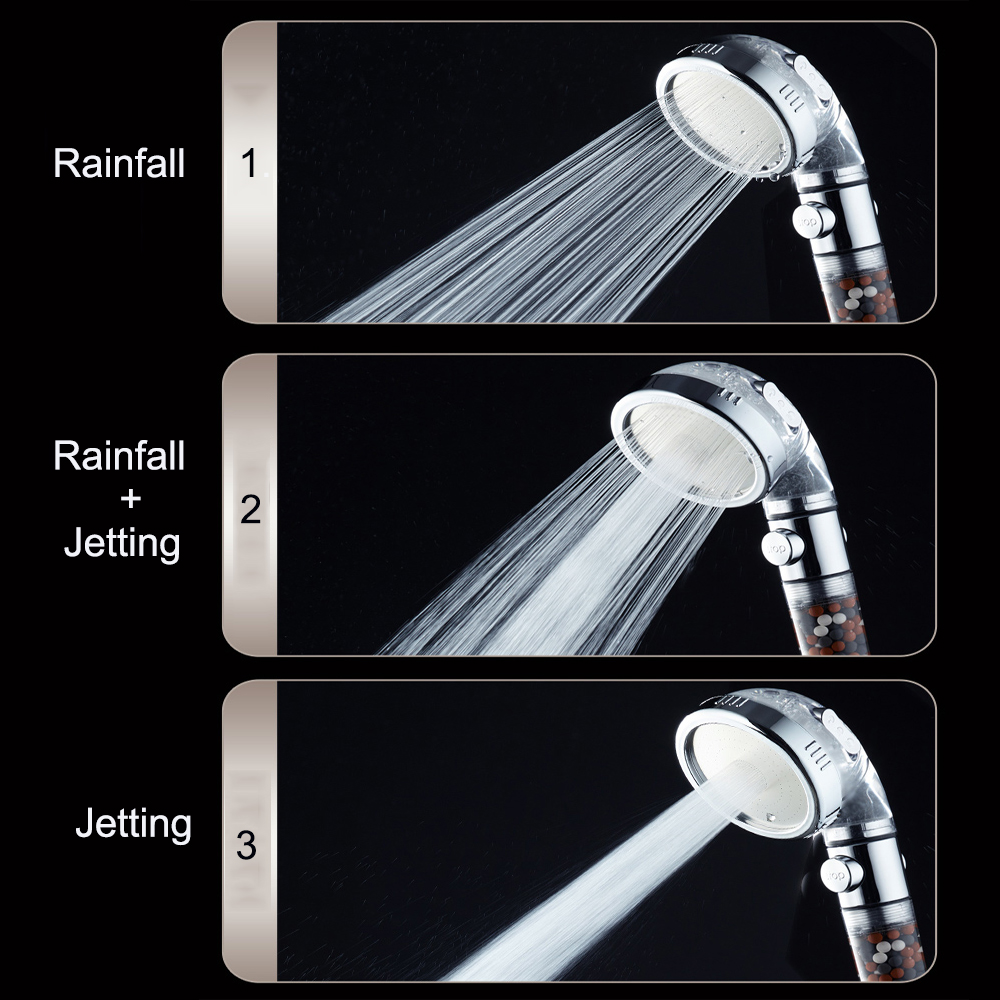 Shower Head High Pressure Water Saving with On/Off Switch Stop Button Ionic Mineral Anion 3 Modes Handheld Bathroom Showerheads