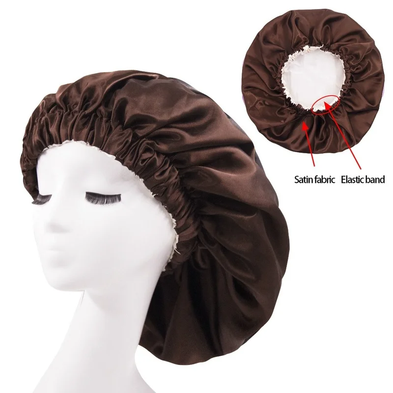 Gorro de satén sedoso Reversible de Color sólido, gorro de noche para dormir de doble capa, gorro para la cabeza, gorro para cabello rizado elástico, negro