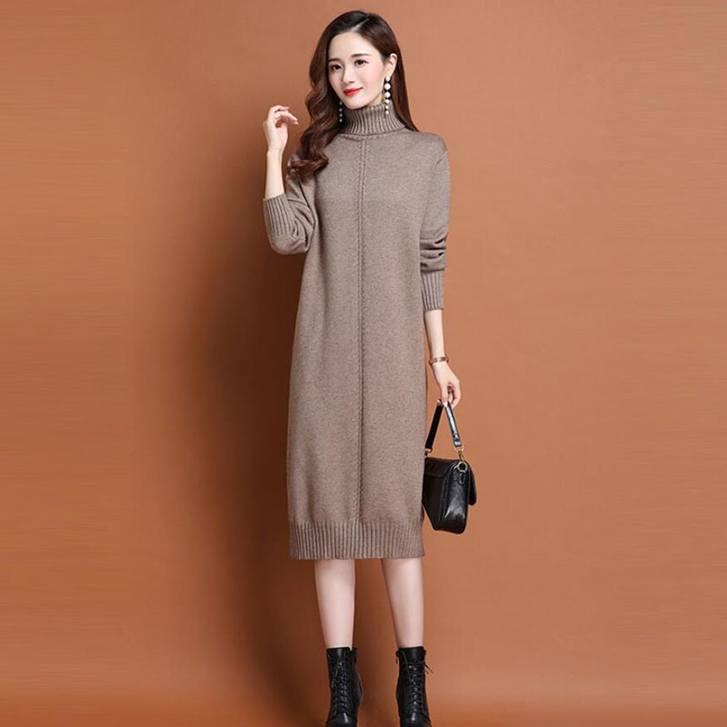 Gaun Wanita Elegan 2021 Gaun Sweater Hangat Turtleneck Musim Gugur Musim Dingin Gaun Rajut Selutut Lengan Panjang Kasual