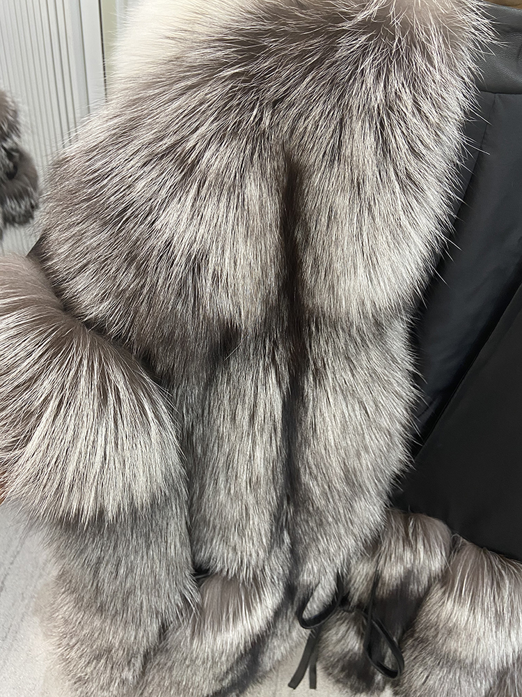 Spring High Quality Luxury Women Female Real Silver Fox Fur Genuine Sheepskin Leather Oversize Loose Short Sleeve Coat