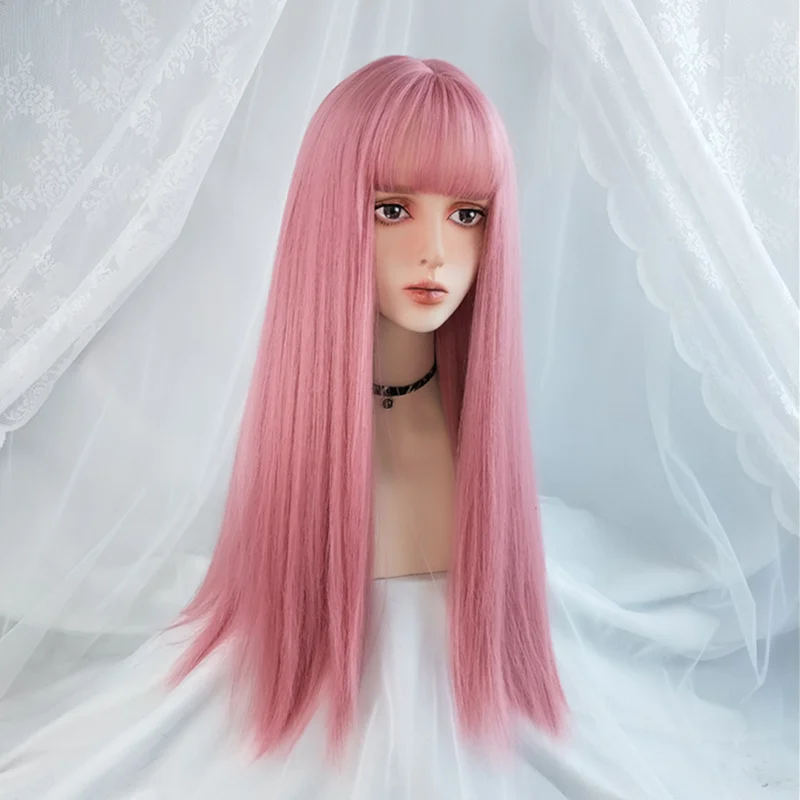 VICWIG-Peluca de Cosplay con flequillo para mujer, pelo lacio sintético, 24 pulgadas, largo, resistente al calor, color rosa