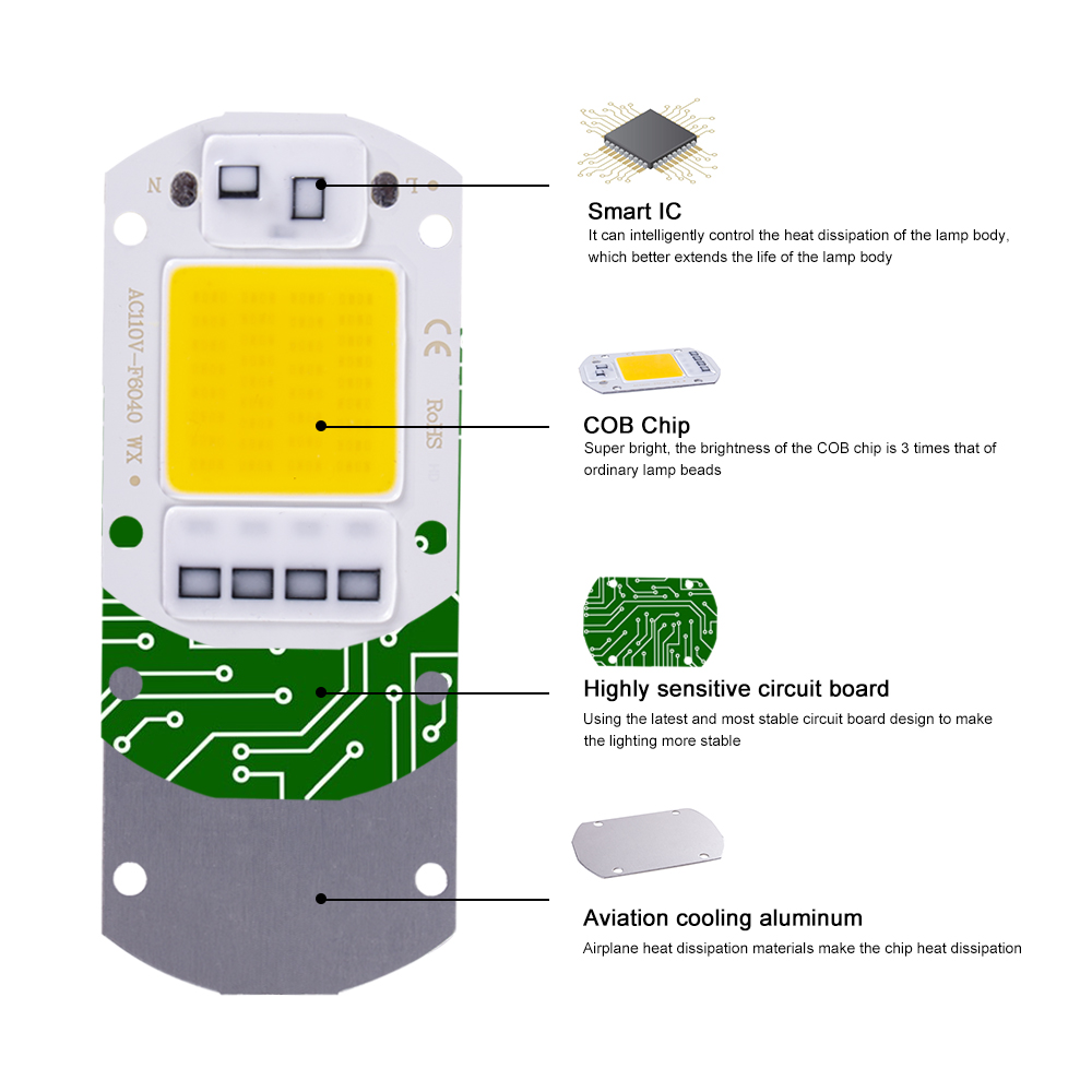 Smart led chip 20w 30w 50w ac 220v, contas de lâmpada cob sem driver, diy, holofotes de luz ao ar livre