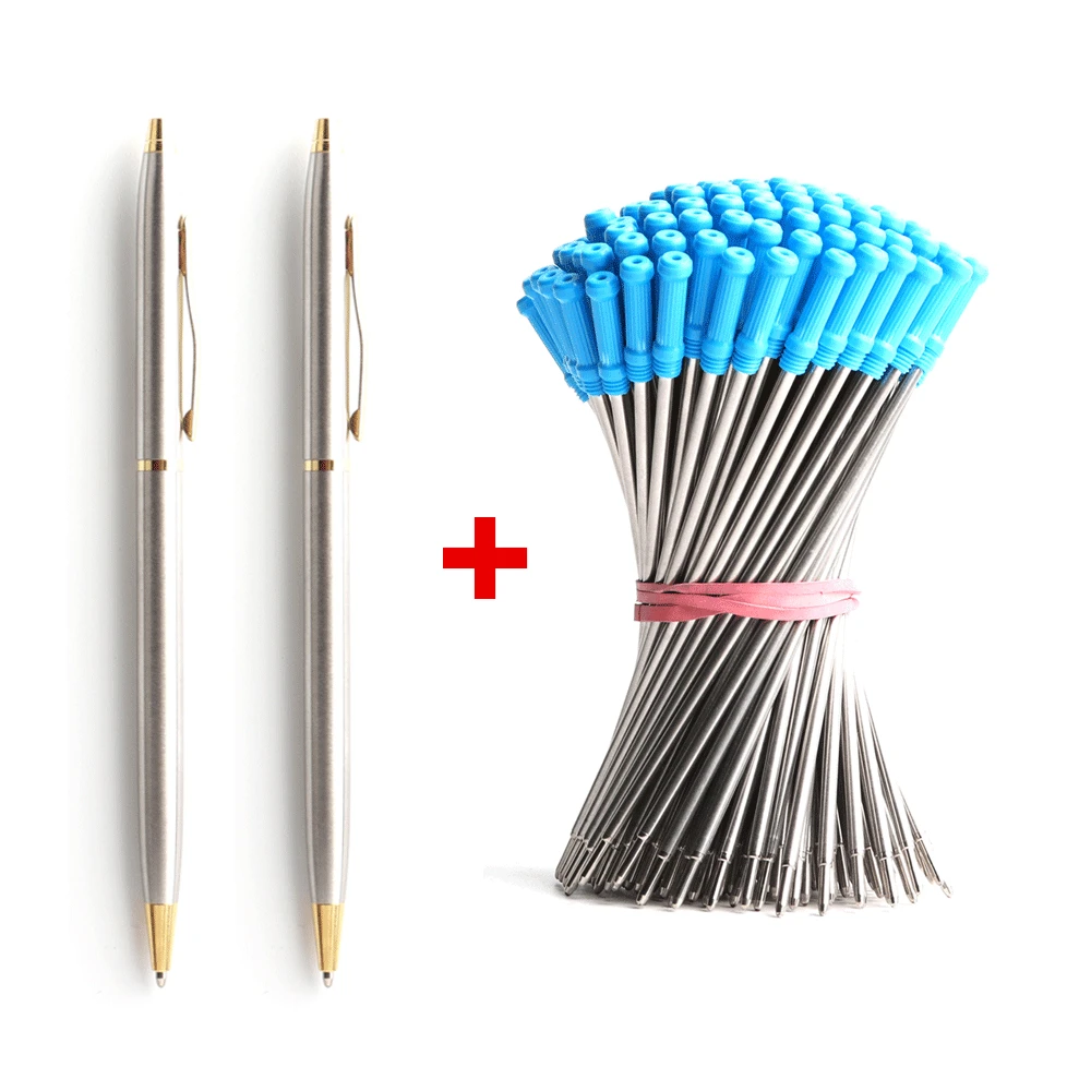 2 + 20 Chiếc/Bộ Kim Loại Bút Bi Nạp Lại Cho Trường Học Công Sở Chất Liệu Thép Không Gỉ Bút Bi Đen màu Xanh Mực Đổ
