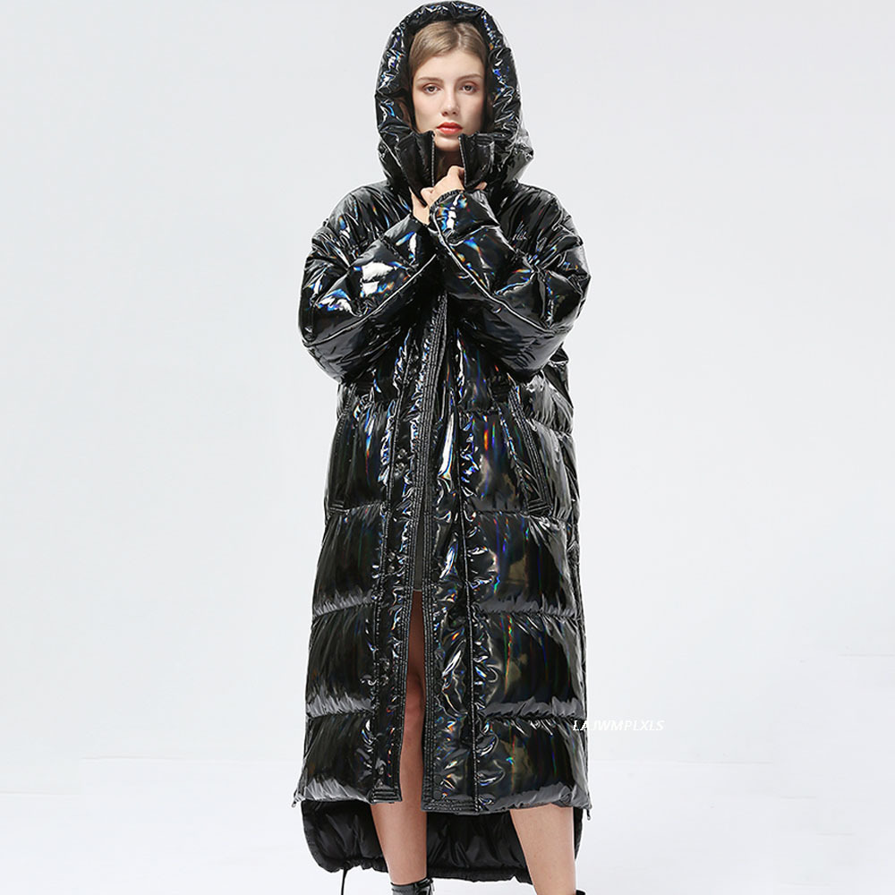 -30 度防水厚い冬スーパーロングダウンコート女性フグジャケット光沢のあるレーザー 90% ホワイトダックダウンジャケットフード付きパーカー