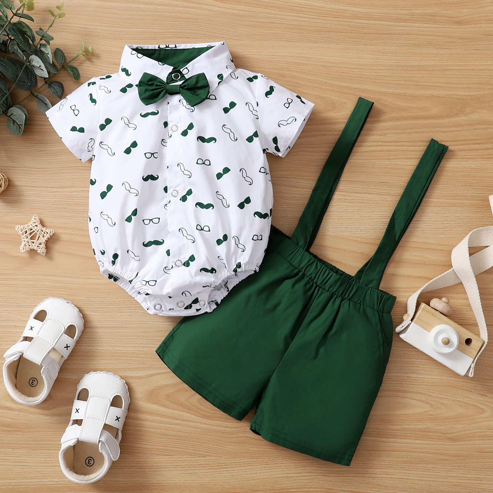 Bé Bé Trai Bộ Quần Áo, Râu In Nữ Tay Ngắn Có Cổ Áo Cổ + Đồng Màu Suspender Quần Short