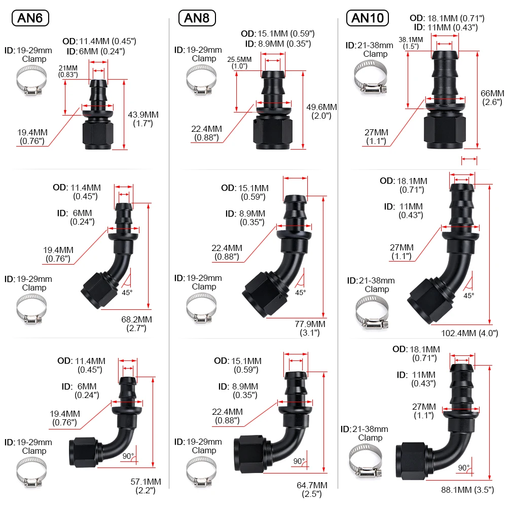 Universal AN6 AN8 AN10 Push-on Schlauch End Fittings Heizöl Kühler Schlauch Fitting 0 45 90 180 Grad wiederverwendbare Anschluss Adapter