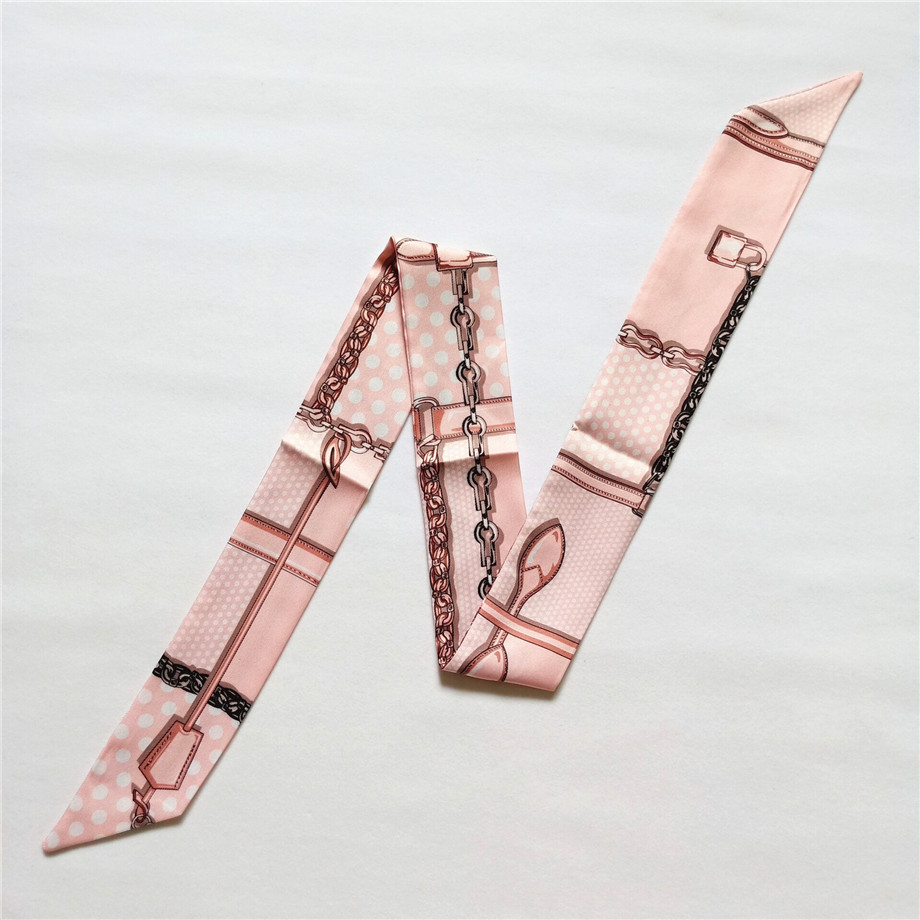 Bufanda de seda ajustada para mujer, pañuelo de marca de lujo, con cadena de puntos a cuadros, para la cabeza, con asa larga, para bolso, 2023