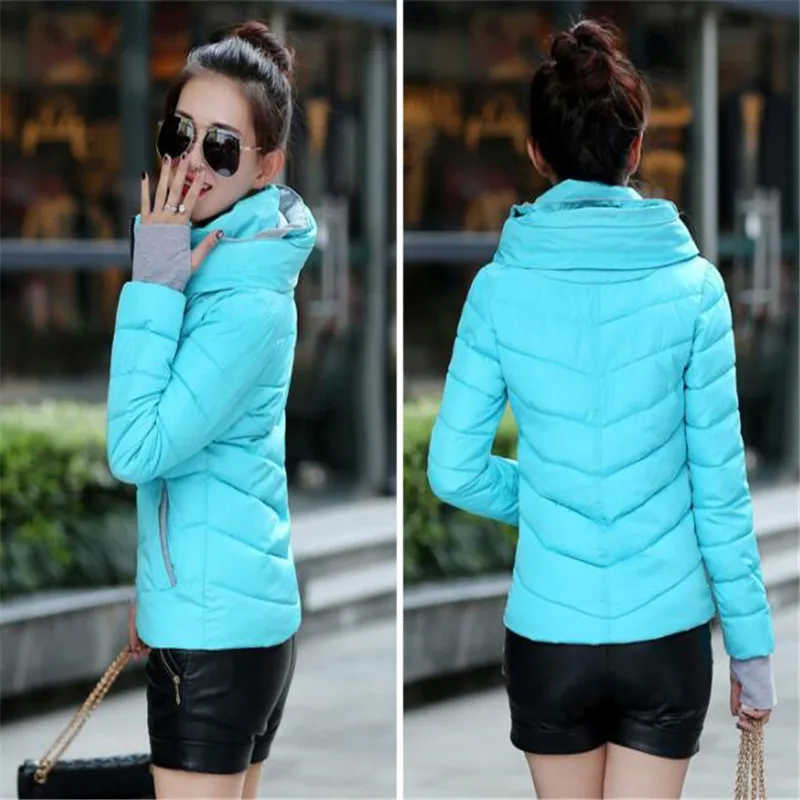 ใหม่ผู้หญิงผ้าฝ้ายเสื้อสั้น Outwear ยืนคอซิปแจ็คเก็ต Drawstring Slim Multicolor ฤดูหนาวเสื้อขนาดเล็ก WARM Handguard