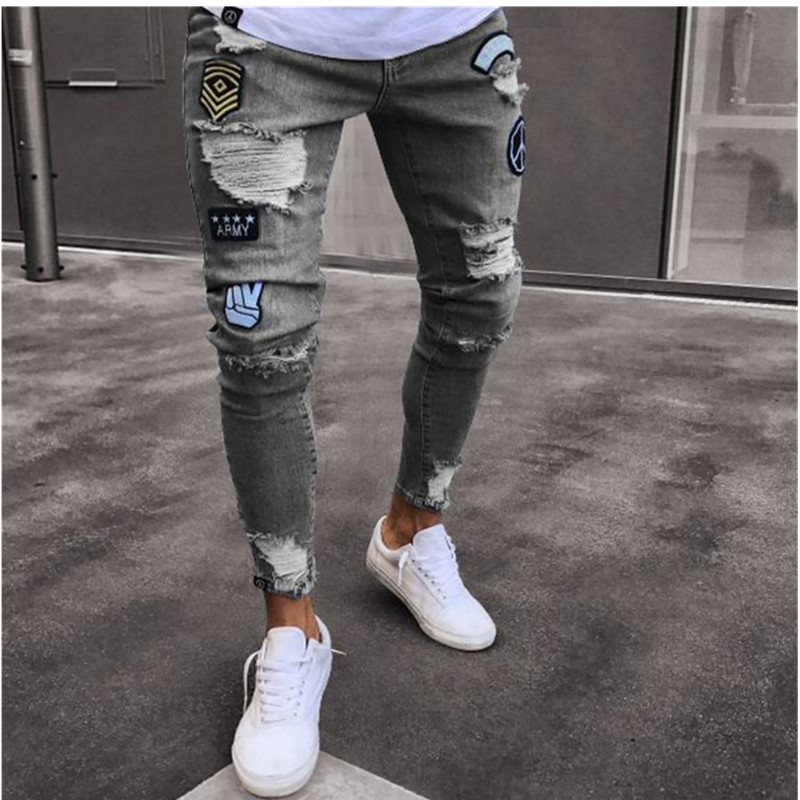 Männer Stretchy Ripped Skinny Biker Stickerei Cartoon Print Jeans Zerstört Loch Slim Fit Denim Hohe Qualität Hip Hop Schwarze Jeans