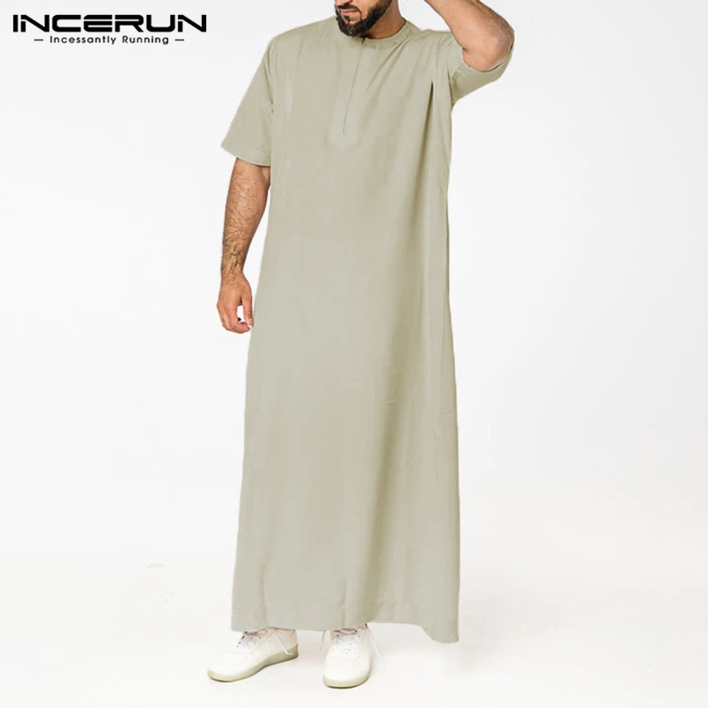 Incerun roupão masculino de cor sólida, roupão kaftan islâmico muçulmano, manga curta, pescoço em o, jubba thobe, casual, arábia saudita, roupas masculinas