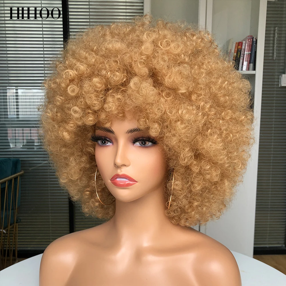 ผมสั้น Afro Kinky Curly วิกผมวิกผมผู้หญิงคอสเพลย์วิกผมสีบลอนด์สีชมพูสังเคราะห์วิกผมฮาโลวีนวิกผมสีดำสีฟ้าสีแดงสีน้ำตาล