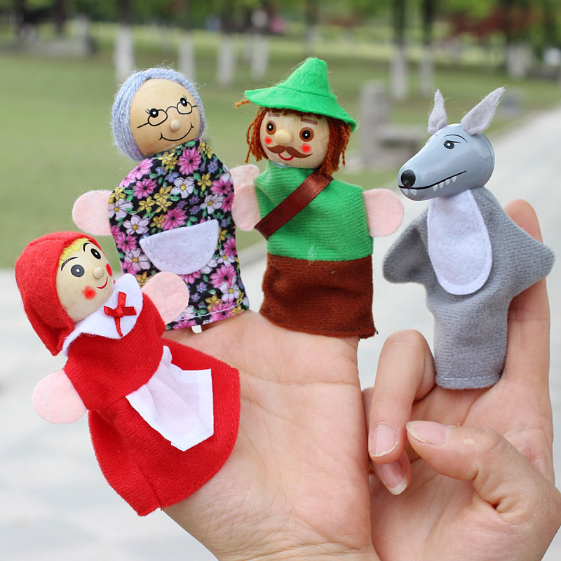 4 ピース/ロット子供の指人形人形ぬいぐるみ赤ずきんちゃん木製頭おとぎ話ストーリーテリングハンドパペット