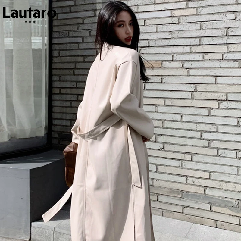 Lautaro-女性用ベルト付きロングブラックレザーPuコート,シンプルなボタンダウン,韓国のファッション,卸売り,服2022