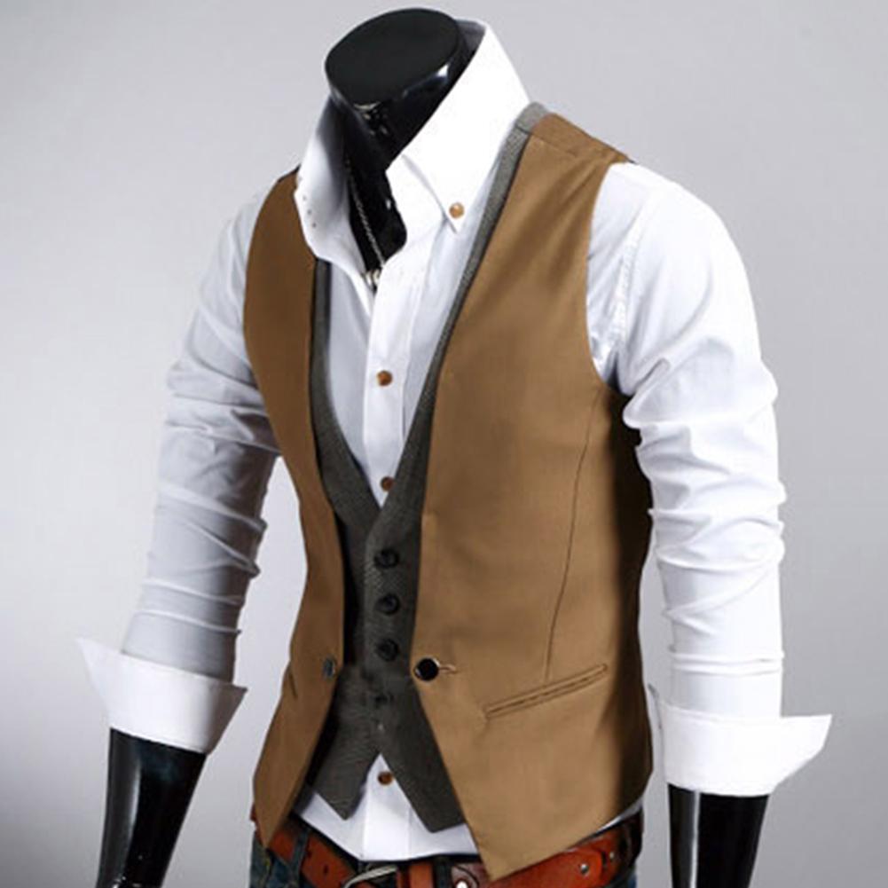 Chaleco Formal para hombre, chaleco de negocios de Color sólido con un solo botón, chaleco falso de dos piezas con cuello en V, chalecos informales ajustados para hombre