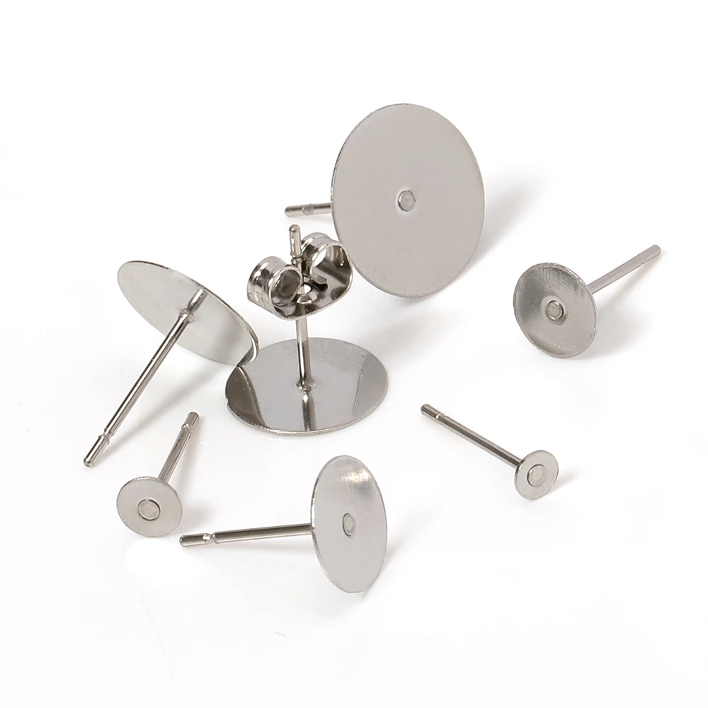 100 Pcs 316L Stainless Steel Kosong Kancing Anting-Anting Pin 3-12 Mm Flat Round Tray Telinga Dasar Temuan Perhiasan untuk DIY Anting-Anting Membuat