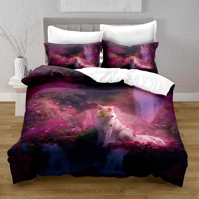 Set tempat tidur motif Digital penutup selimut rubah fantasi poliester 100% dengan Set tempat tidur sarung bantal untuk anak perempuan Set tempat tidur selimut