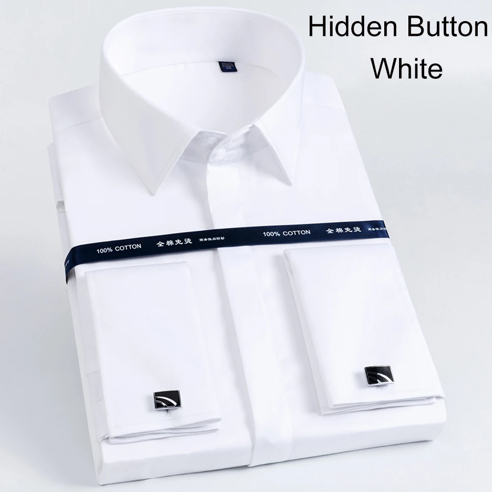 Camicie con bottoni con polsini francesi in cotone mercerizzato di lusso Camicia da smoking da uomo a maniche lunghe Camicia elegante di alta qualità con gemelli