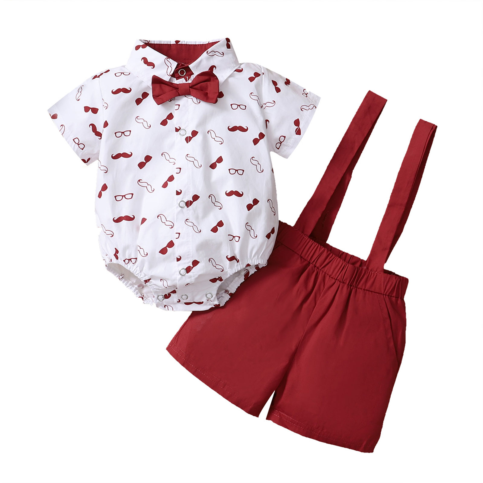 Bé Bé Trai Bộ Quần Áo, Râu In Nữ Tay Ngắn Có Cổ Áo Cổ + Đồng Màu Suspender Quần Short