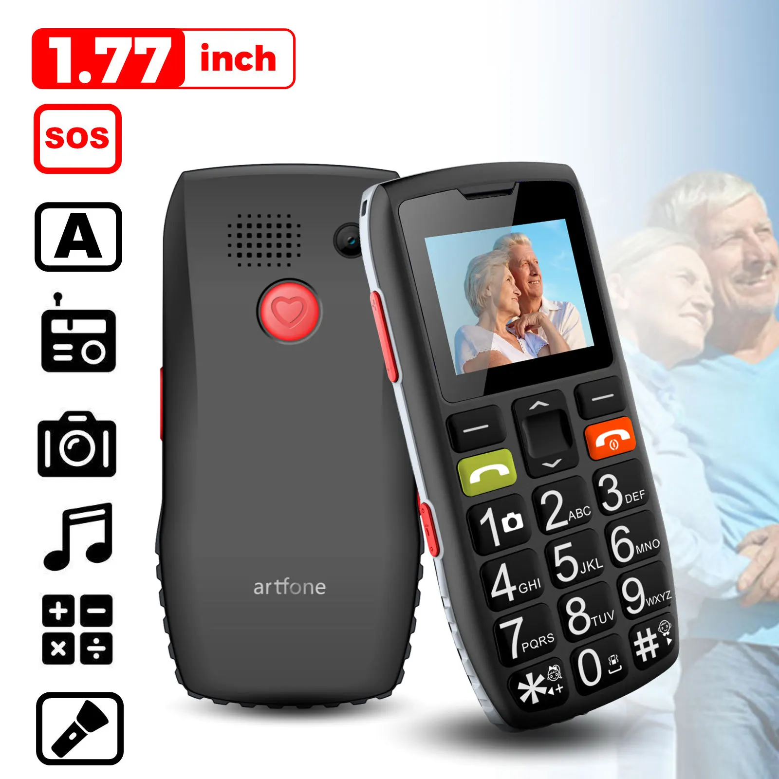 Artfone-teléfono móvil C1 para personas mayores, smartphone con doble Sim, botón de emergencia SOS, GSM, 2G, FM, Bluetooth, desbloqueado