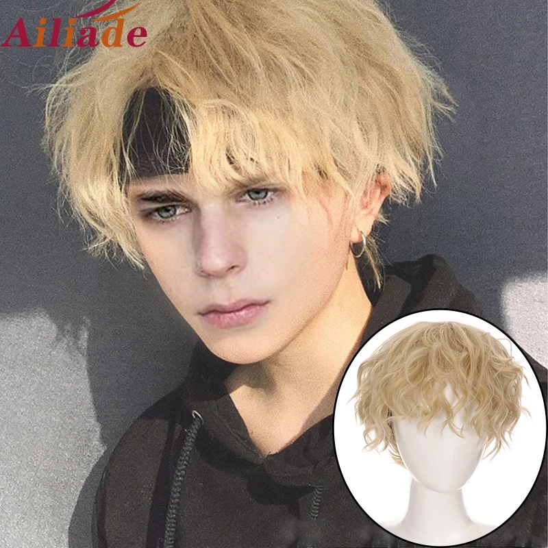 AILIADE-Peluca de cabello sintético para hombre, pelo corto y rizado, color amarillo claro, resistente al calor, transpirable, ideal para fiesta de Cosplay