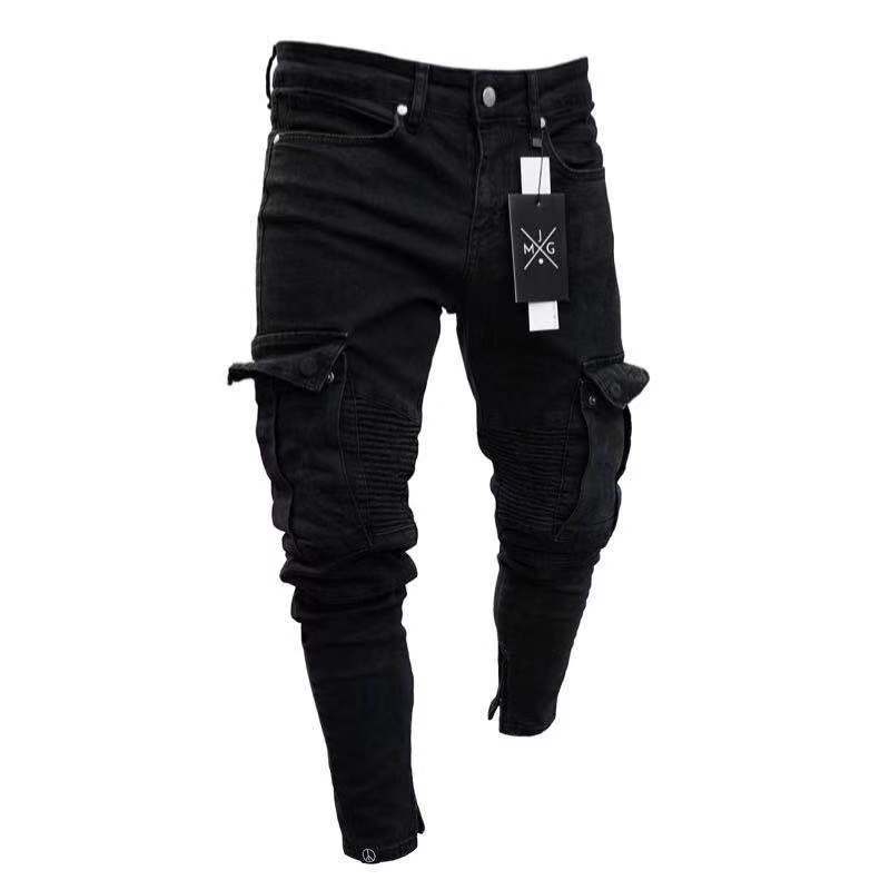 Pantalones vaqueros largos rasgados de motociclista ajustados para hombre, pantalones vaqueros ajustados con bolsillo, pantalones para correr para hombre joven ​ Pantalón elástico negro destruido