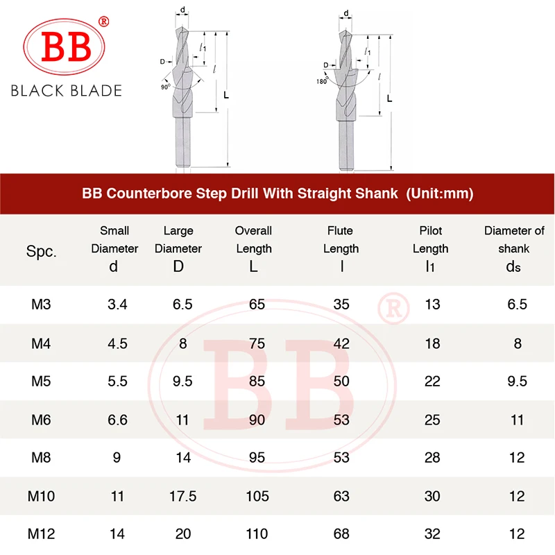 BB Counterbore Xoắn Mũi Khoan Bước Kép Cắt Bit HSS Cho Kim Loại 90 180 Độ M3 M4 M5 M6 M8 M10 m12 Nón Dụng Cụ Khoan 1 Cái