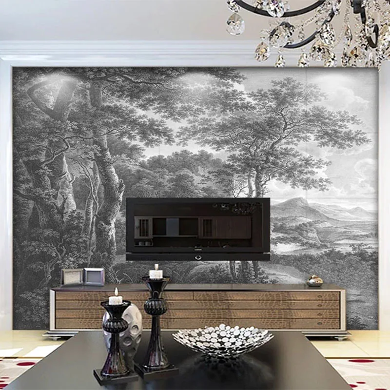 วอลล์เปเปอร์ที่กำหนดเอง Retro Hand Painted สีดำและสีขาว Forest Tree ภาพจิตรกรรมฝาผนังห้องนั่งเล่นโซฟาทีวีโซฟาห้องนอน Fresco Papel De parede