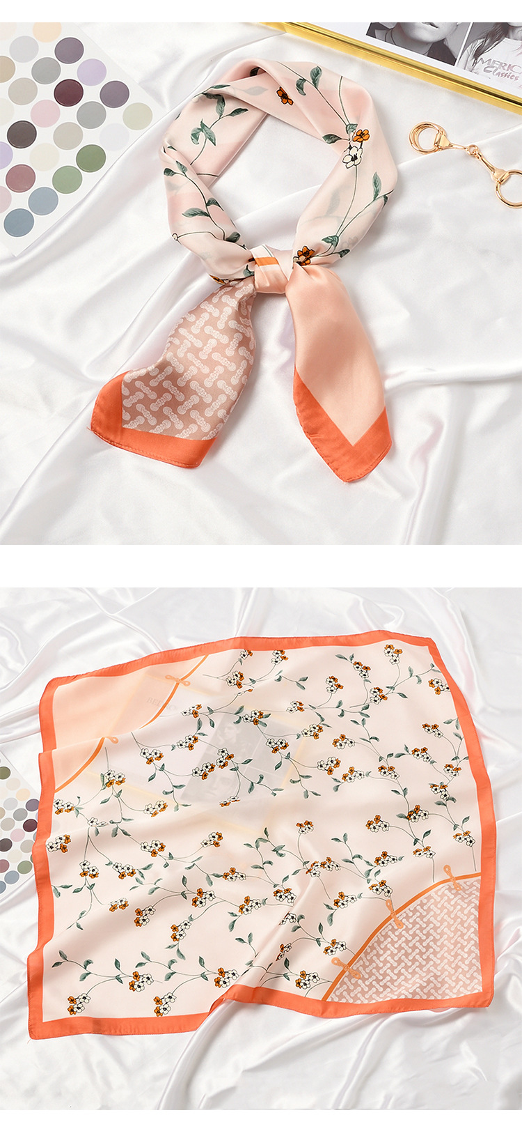 여성용 달콤한 꽃 꽃 프린트 사각 스카프, 여성용 반다나 헤어밴드, 레이디 헤드 랩, 여성 숄, 패션 네커치프, 70x70cm
