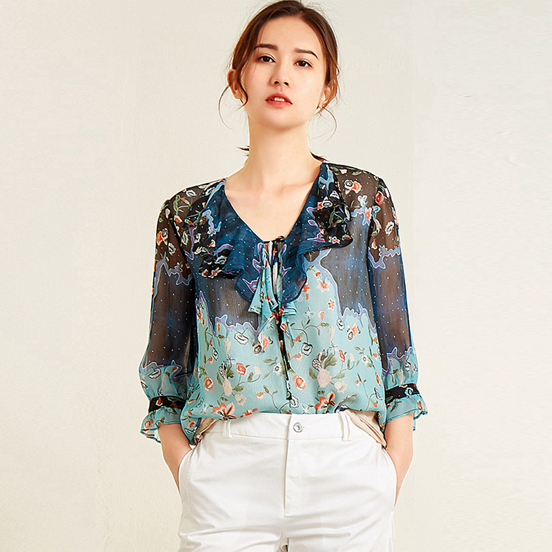 Blusa de seda feminina pulôveres top gola v estampado design vintage camisa de manga três quartos feminina estilo elegante nova moda 100%