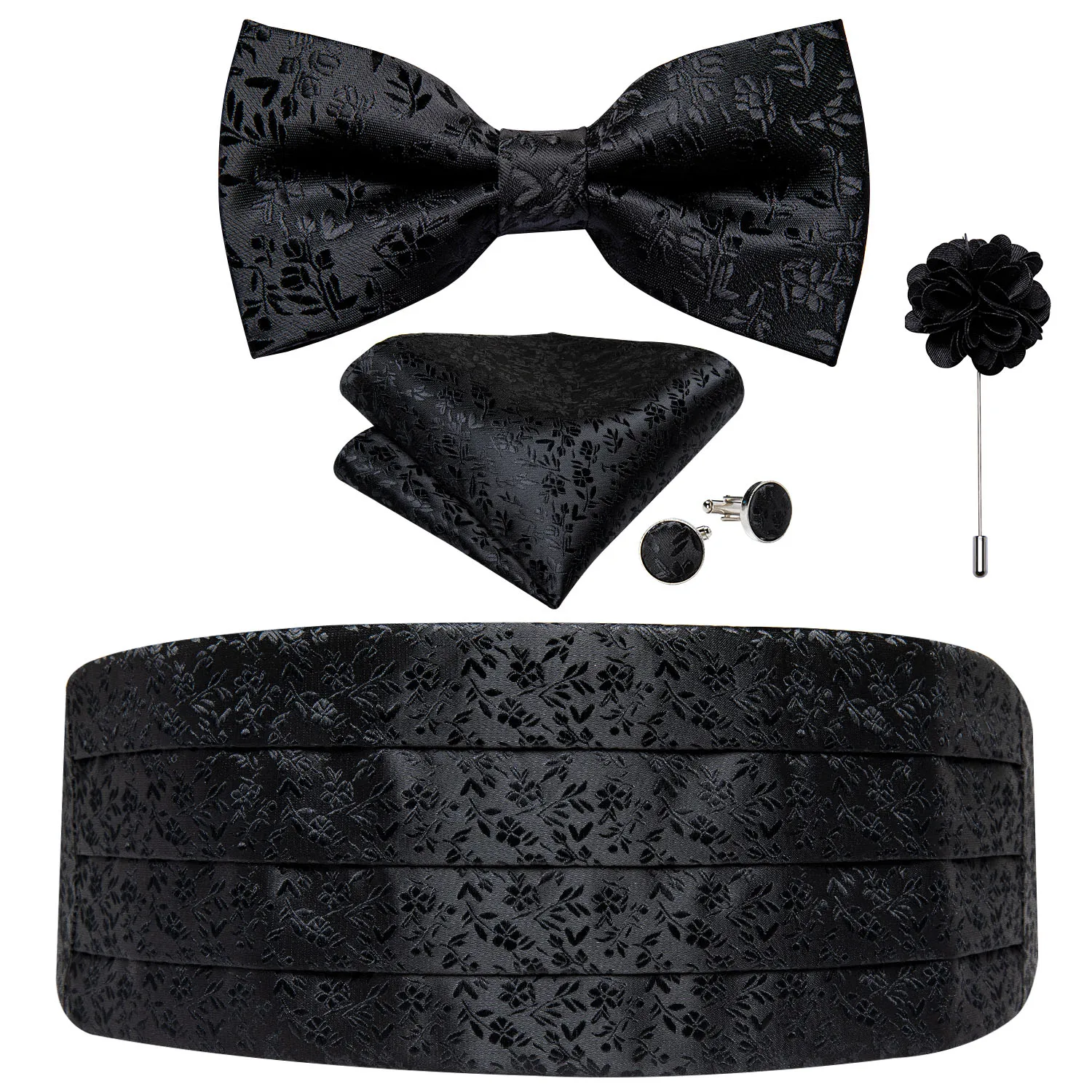 Klassische schwarze Kummerbunde für Herren, Seiden-Blumen-Kummerbund, Fliege, Brosche, Anstecknadel-Set, elastischer breiter Smoking-Bund, Kleidergürtel