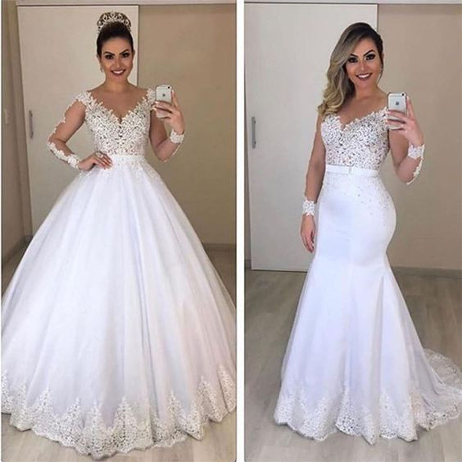 Vestidos De Novia De sirena transparentes De manga larga, dos piezas personalizadas, Vestidos De Novia modestos