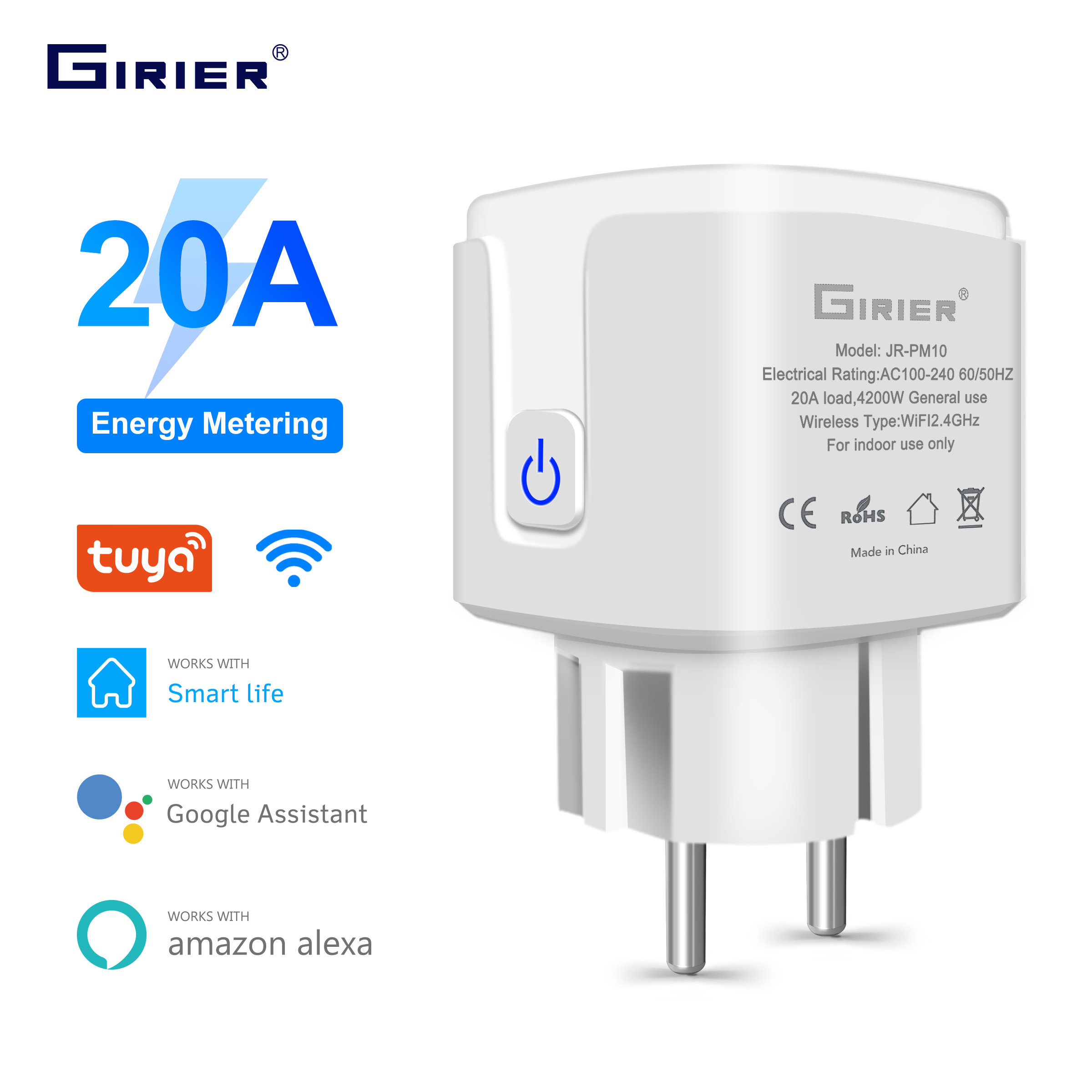 GIRIER Tuya Smart Wifi Plug 20A Afstandsbediening Smart Socket Outlet EU Power Monitor Timer Functie Werkt met Alexa Google Home
