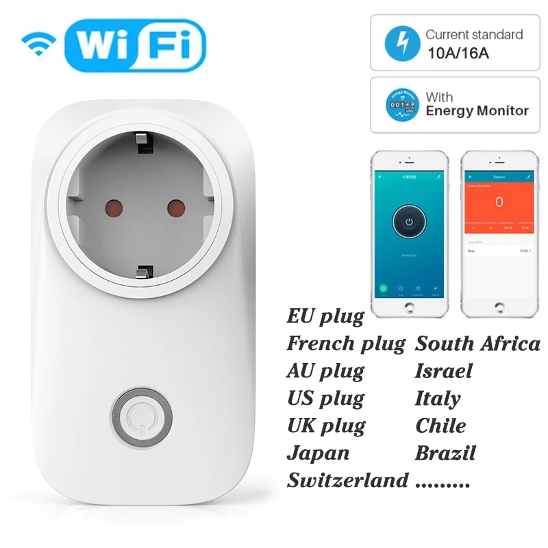 Enchufe inteligente de la UE medidor de energía de enchufe WiFi, Monitor de potencia 10A/16A, función de sincronización, Control por aplicación Tuya SmartLife