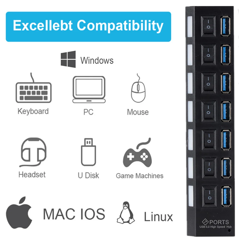 USB 3.0 Hub USB Hub 3.0 Multi USB Splitter 3 Hab Use Power Adapter 7 Port Multiple Expander 2.0 USB3 Hub with Switch for PC