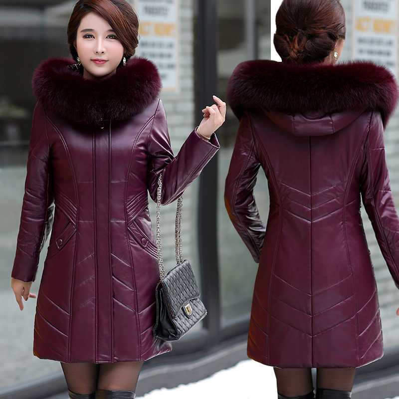 L-8XL Frau Leder Mantel Winter 2024 Neu Mode Mutter Jacke Verdicken Warm Pelzkragen Mit Kapuze Schaffell Mantel Lose Lang Oberbekleidung Weiblich Übergröße