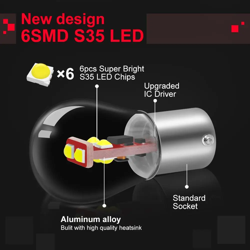 1 Chiếc P21W 1156 BA15S BAU15S BA15D S35 6SMD Chip 1157 BAY15D Phanh Xe Đèn Tự Động Đảo Chiều Bóng Đèn Đỗ Xe Đèn 12V Siêu Sáng