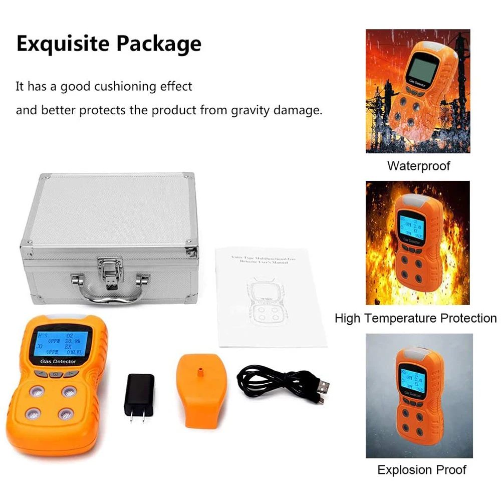 LCD 4 in 1 Toxic Gas Alarm Detector USB Rechargeable H2S CO O2 Oxygen Monitor Gas Analyzer Meter Digital Pneumato Detector
