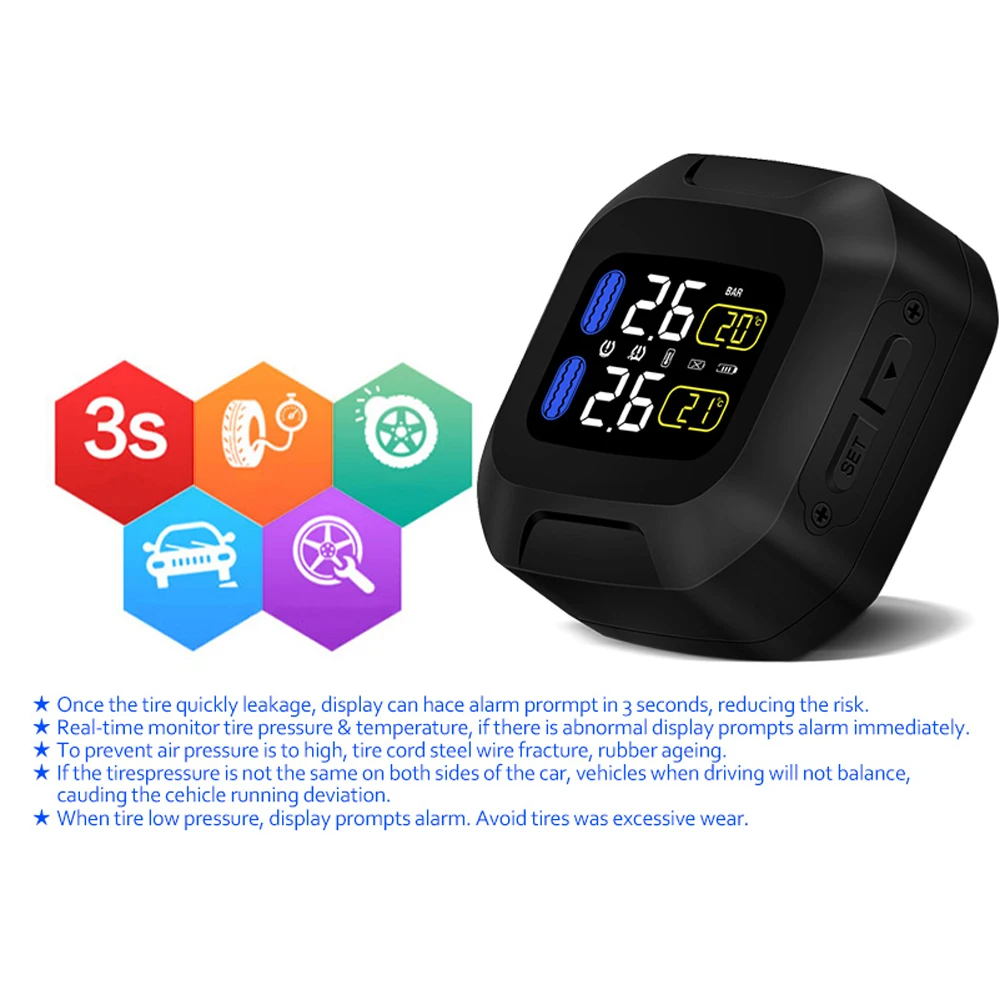M3 Moto impermeable motocicleta sistema de supervisión de presión de neumáticos en tiempo Real TPMS pantalla LCD inalámbrica sensores internos o externos